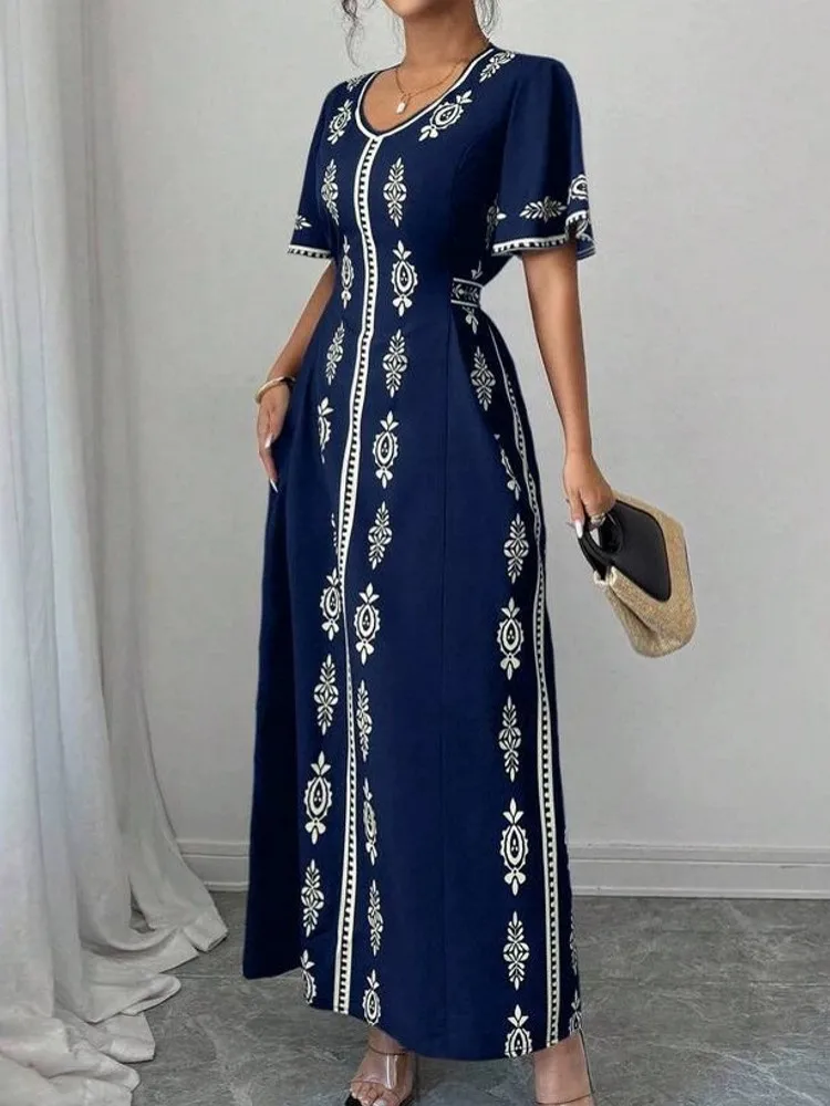 

African Dresses For Women Elegant Short Sleeve Dashiki Maxi A-Line Dress Ladies Traditional African Clothing Fairy Dreaes