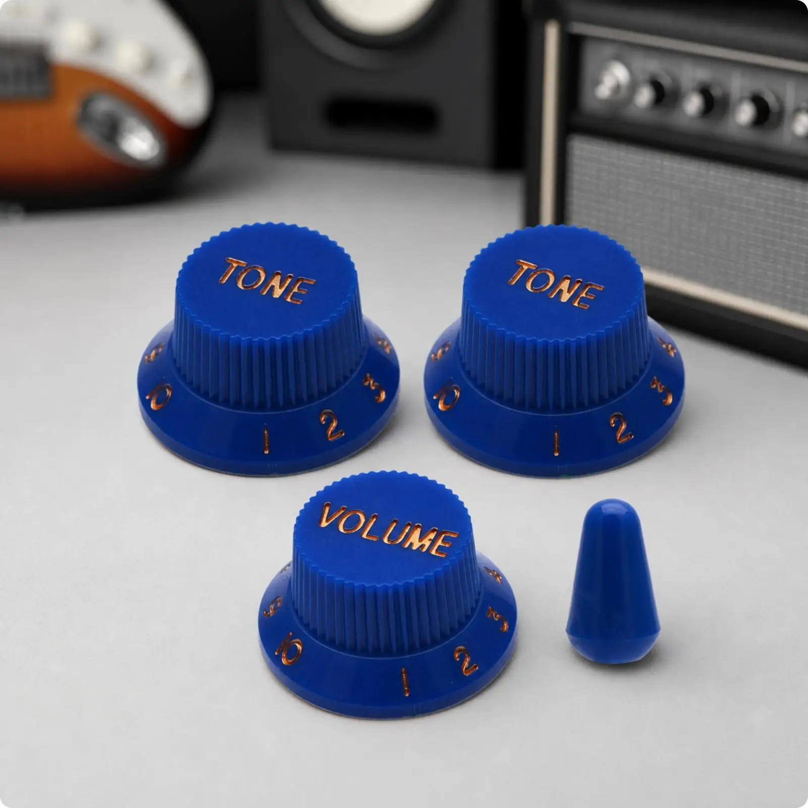 4x3 Pieces Guitar Knobs with Switch Tip | Numbered Dial Markings, Ribbed Cylindrical Grip, Electric Guitar Knobs Dark Blue Gold