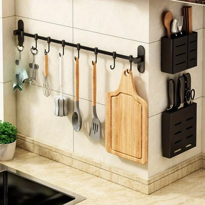 Wall Mounted Movable Row Hook, Kitchen Pot Shovel Spoon Storage Rack, Kitchen Supplies Storage Shelf Towel Rack，Coat rack