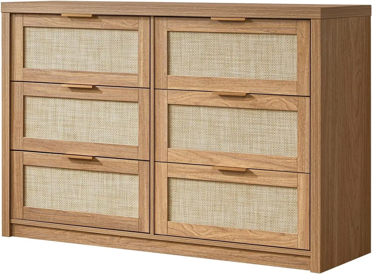 Rattan 6 Drawer Dresser Boho Chest of Drawers Wood Closet Dresser TV Stand for Bedroom Living Room Hallway