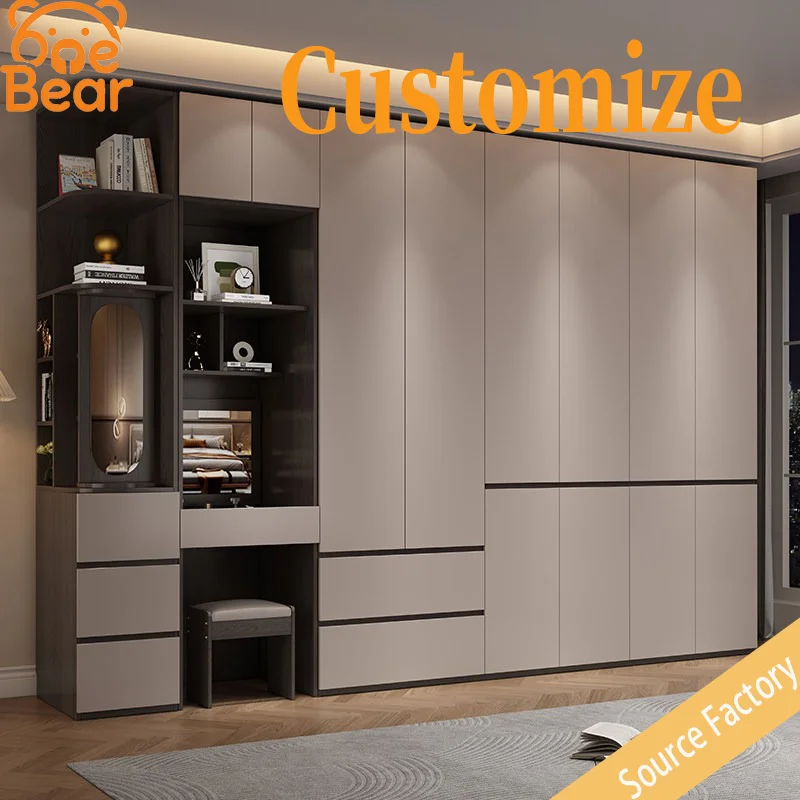 Customizable home bedroom wardrobe with segmented hinged doors, minimalist gray wooden design.