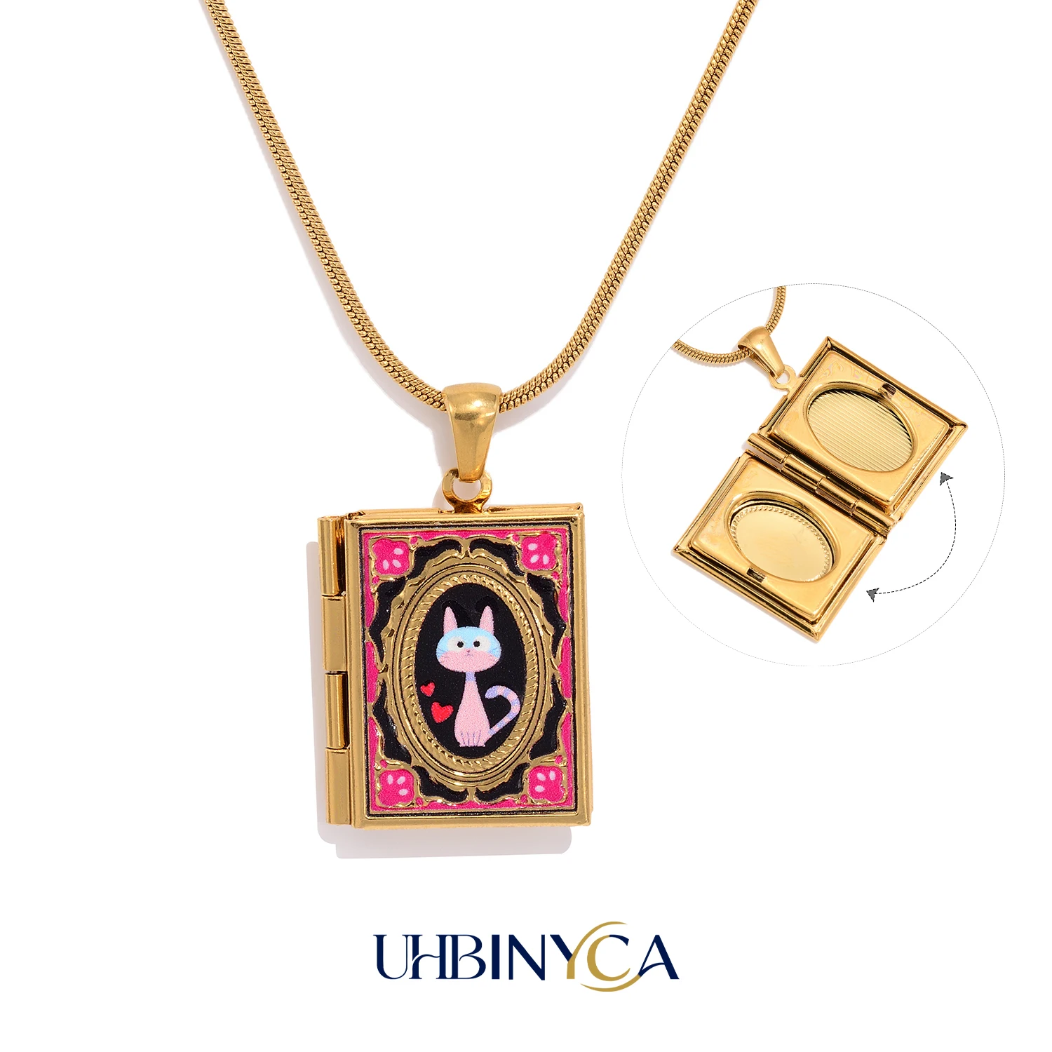 Locket Necklace for Women Square Pink Cat Pendant Open to Hold Picture Photo Stainless Steel 18K Gold Plated Lucky Charm Gift