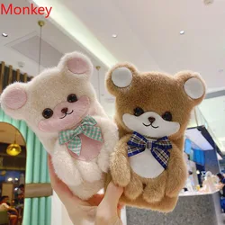 Fluffy Fur 3D Cute Bear Cases For iPhone 16 15 14 Plus 13 12 Mini 11 Pro Max X XS XR Phone Holder Case Soft Silicone Back Cover