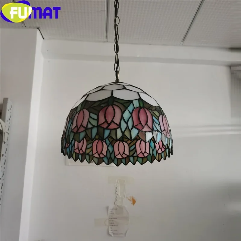 FUMAT European Creative Tiffany Stained Glass Blue Love Vintage Restaurant Yellow Dragonfly Pink tulip Living room Chandelier