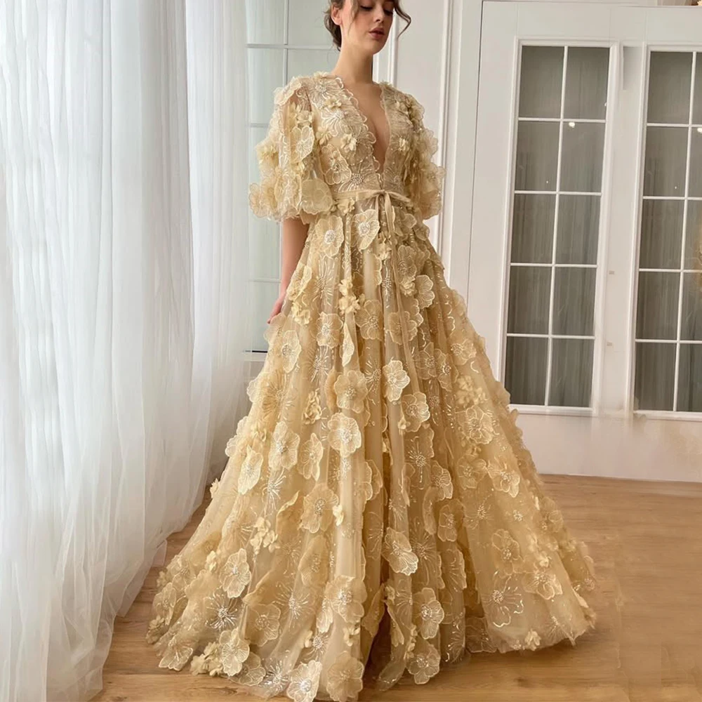 

Flechazo Luxury Saudi Arabia Evening Dress V-Neck Half Sleeve A-Line 3D Flower Lace with Belt Customized فساتين سهرات