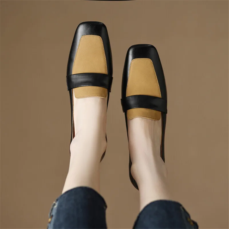 2023 New Spring Women Shoes Mixed Color Loafers Square Toe High Heels Cow Leather Chunky Heel Women Pumps Shoes for Women Ladies