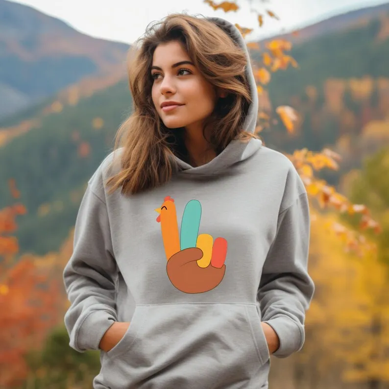 Autumn New in Hoodies & Sweatshirts Peace Sign Turkey Hoodie Happy Thanksgiving Fall Tops Women Men Cute Turkey Sweatshirt Gift