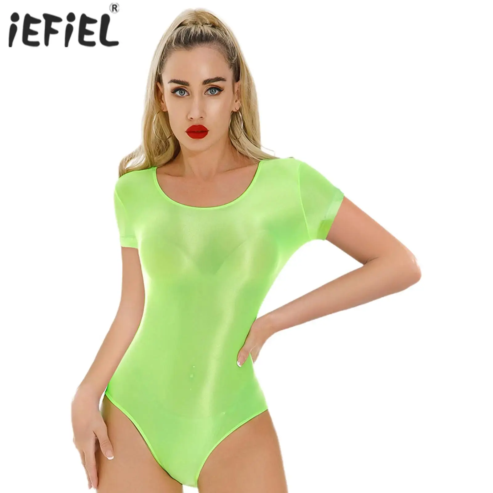 

Women's High Cutting Jumpsuit Swimsuit Glossy Bodycon Bodysuit Crew Neck Short Sleeve Stretchy Leotard Bikini Swimwear Nightwear