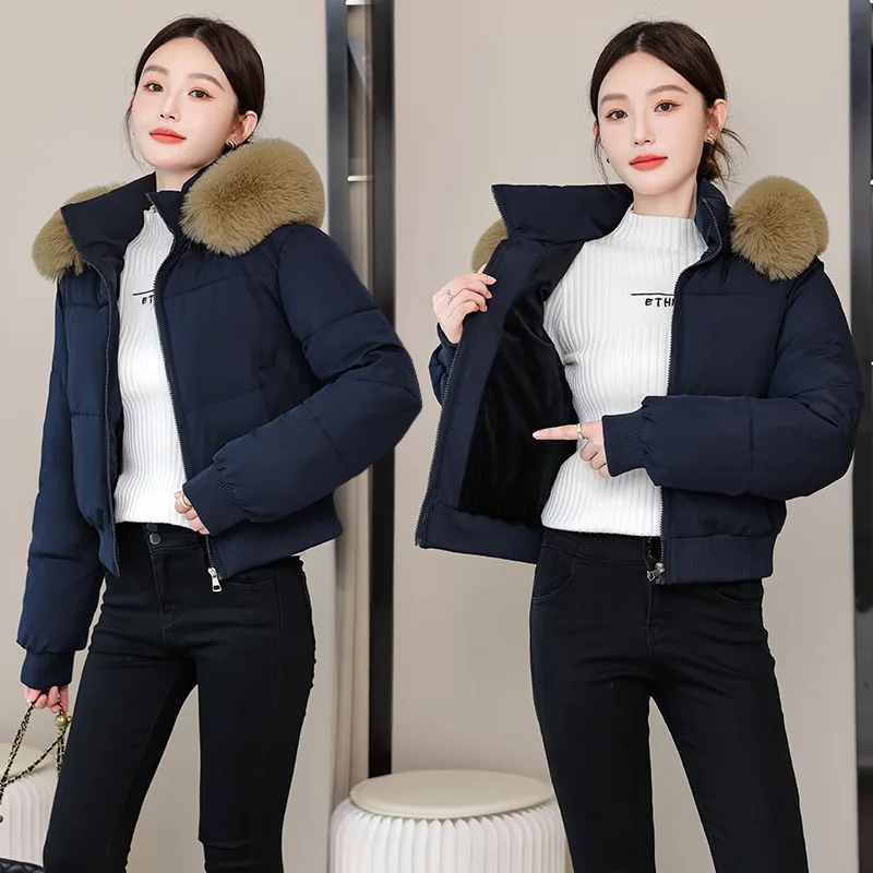 PinkyIsBlack Big Fur Collar Hooded Down Cotton-padded Jacket Women's Winter 2025 New Thick Warm Short Cotton-padded Clothes