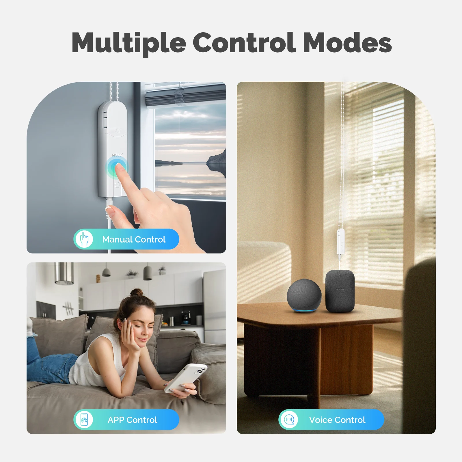 Multiple app schedule and voice controls for smart roller blinds