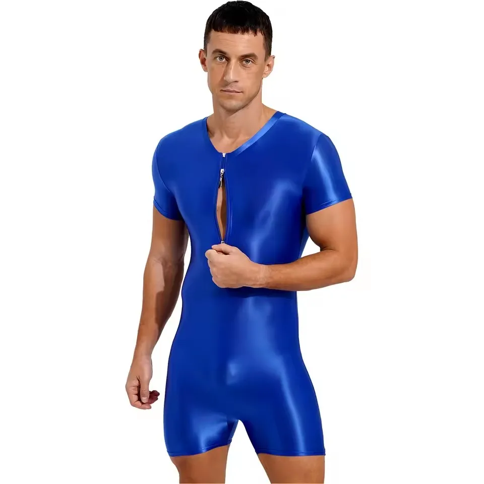 

Мужской глянцевый купальник с коротким рукавом, эластичное боди, майка для йоги, борьбы, короткий комбинезон, купальник для бодибилдинга, тренировочный купальник