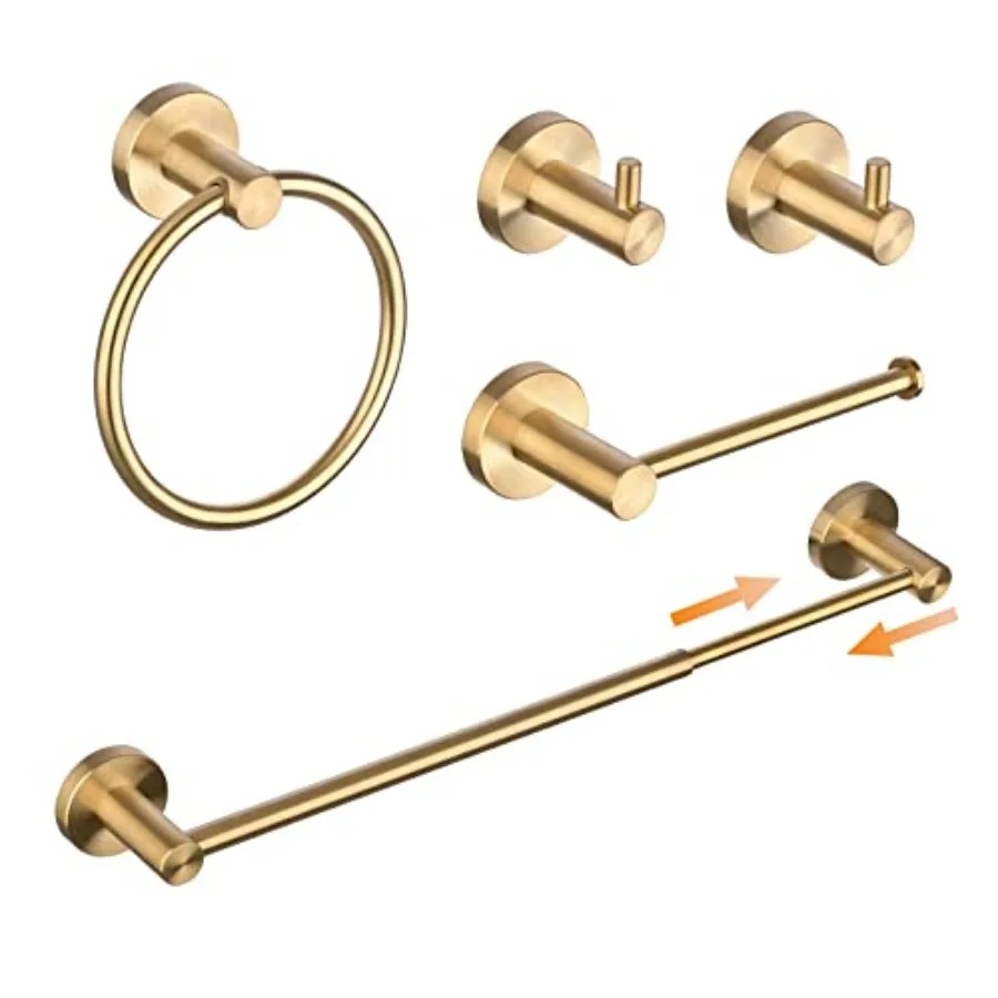 

5 Pieces Bathroom Accessories Hardware Set Adjustable Towel Bar 16 to 26 Inch, Toilet Paper Holder, Towel Ring, 2PCS Hook Wall