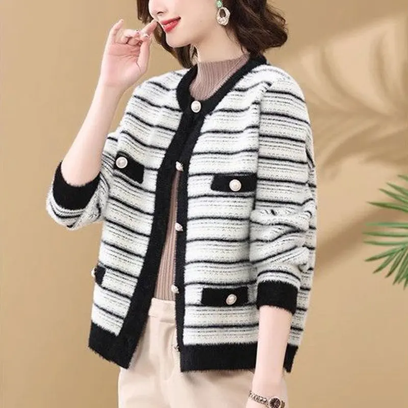 Stylish Striped Loose Knitted Sweaters Autumn Winter Vintage Long Sleeve Women's Clothing Basic Commute Single-breasted Cardigan