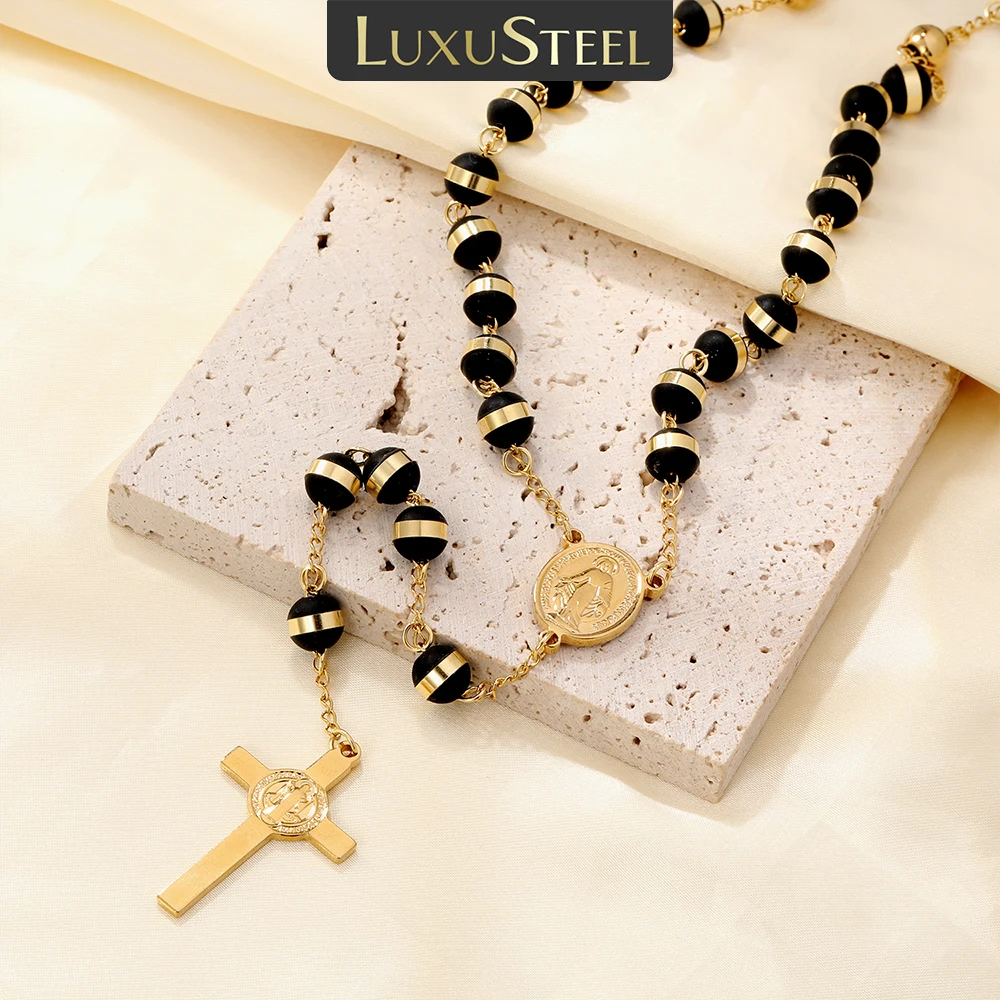 

LUXUSTEEL Jesus Virgin Mary Cross Long Necklace for Men Women Classical Stainless Steel Golden Pendant with Bead Chain Jewelry