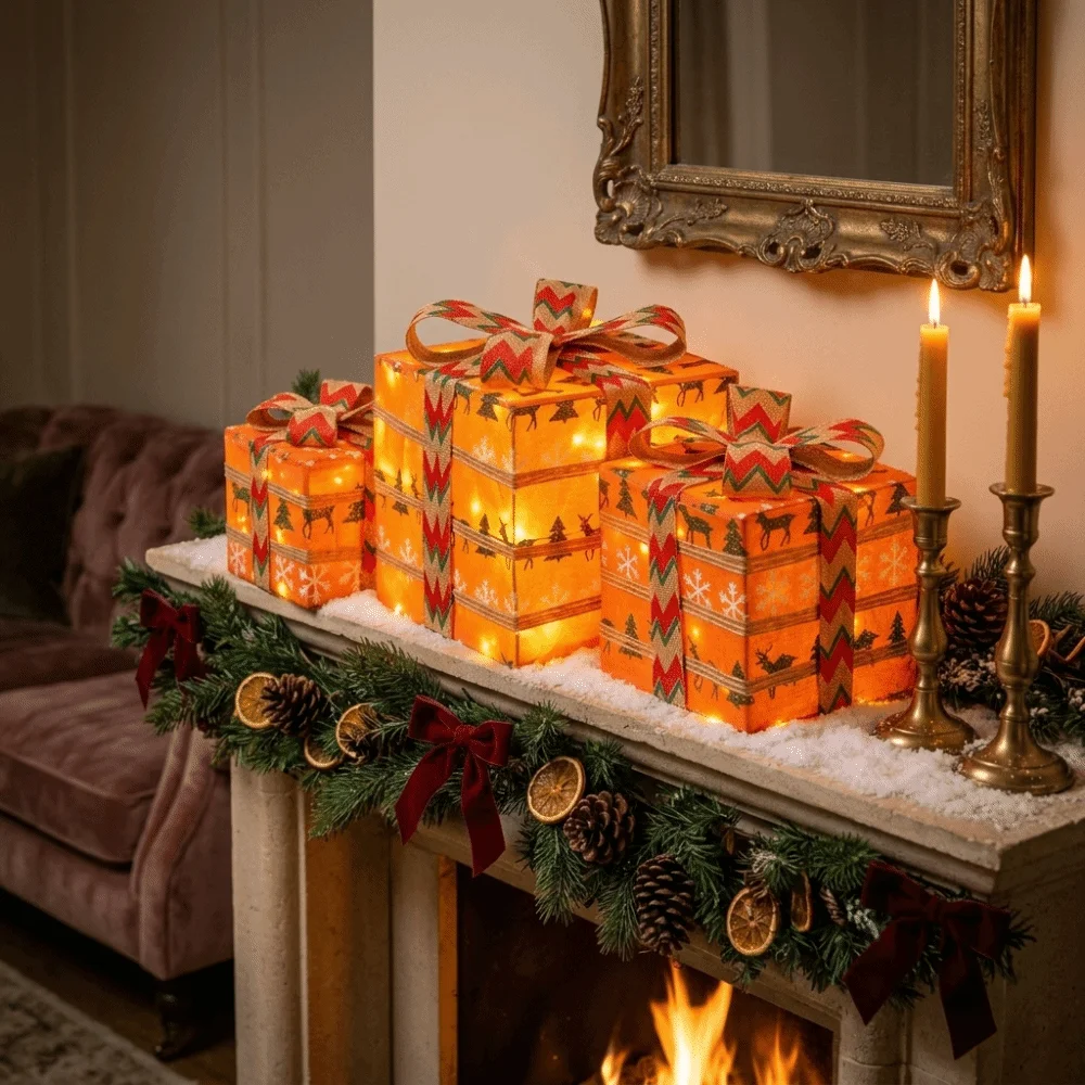 Set of 3 LED Lighted Christmas Gift Boxes Premium Lightweight Material Easy to Set Up Christmas Ornaments Soft LED Lights