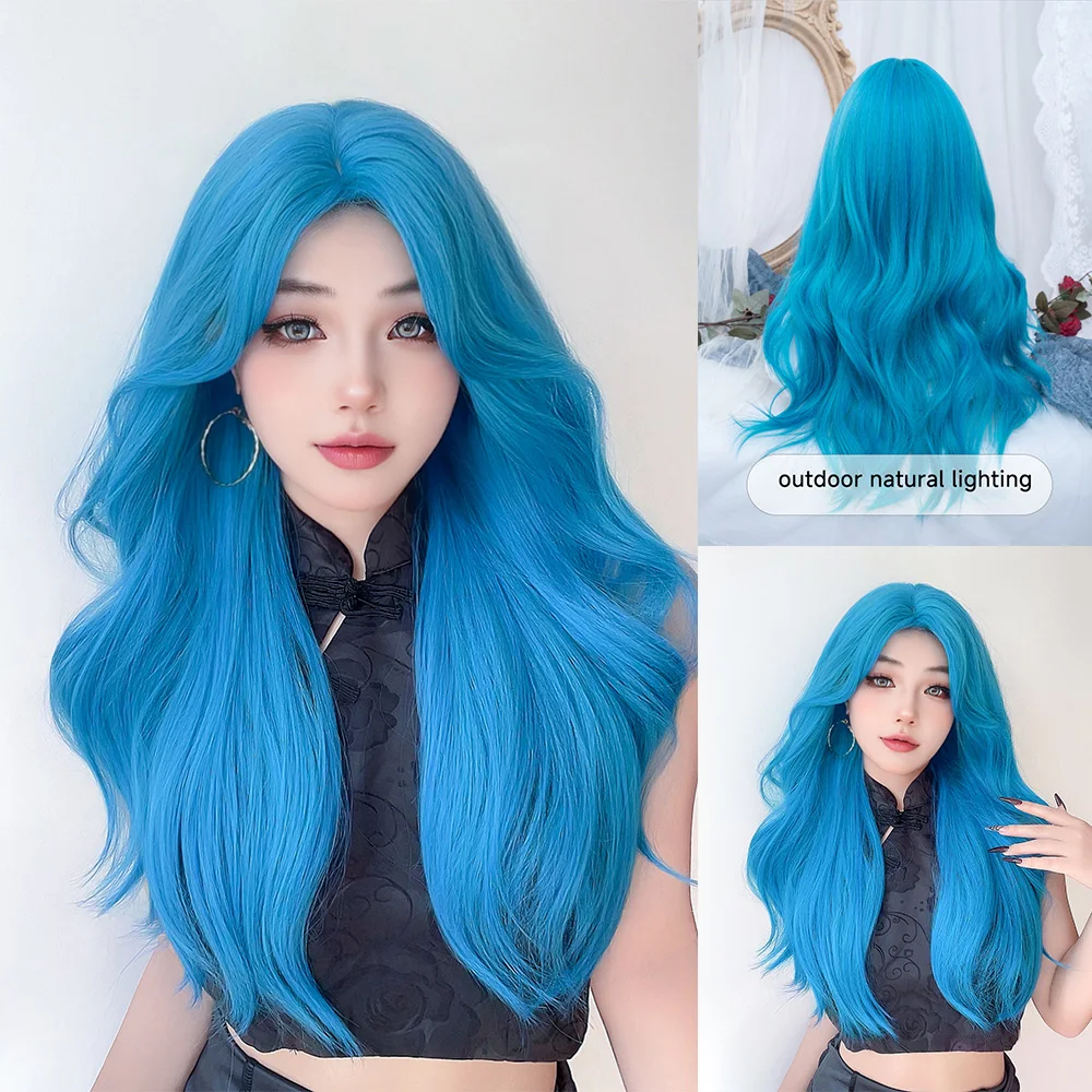 Perucas sintéticas com parte média para mulheres, cabelo ondulado natural longo, peruca resistente ao calor, drag queen party, cor azul, mar de 26in