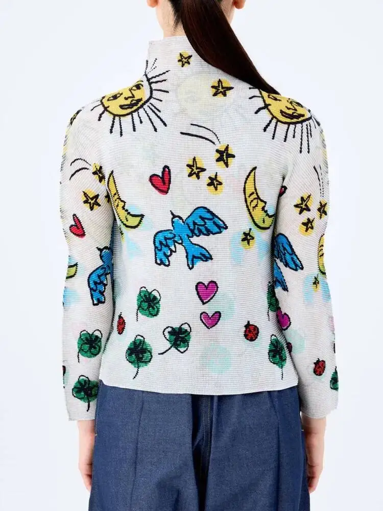 Chic Slim Niche Printed Design Stand Collar Pleated Women's T-shirt 2025 New Pullover Top Long Sleeve Casual Tee 29U7W