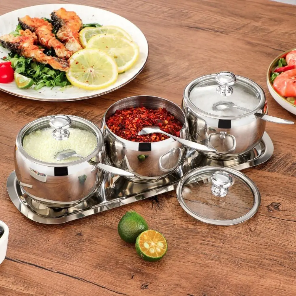 

304 Stainless Steel Spherical Sugar Cube Bowl Rust-proof Moisture-proof Seasoning Tank with Spoon and Tray Corrosion-resistant