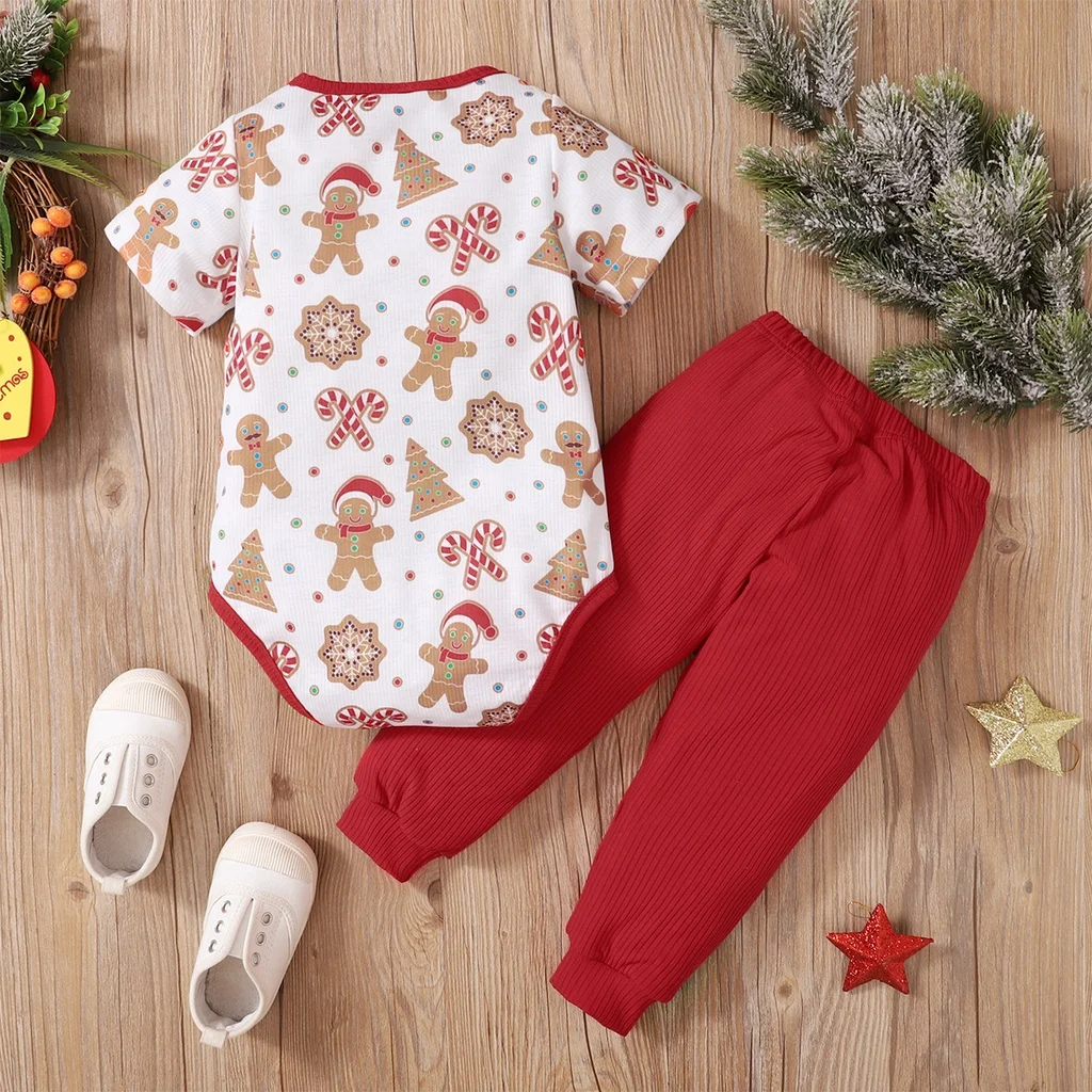 Christmas 2PCS Clothing Set Baby Boy&Girl Cute Gingerbread Short Sleeve Bodysuit+Red Pants Fashion Festival Outfits for Toddler