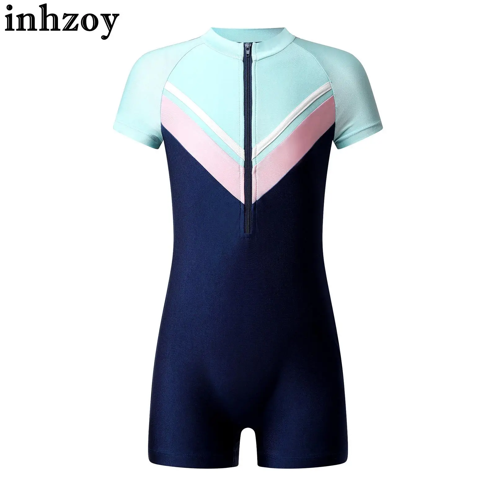 

Kids Girls One-piece Rash Guard Swimsuit Short Sleeve Color Block Patchwork Zipper Jumpsuit Surfing Bathig Suit Beach Swimwear