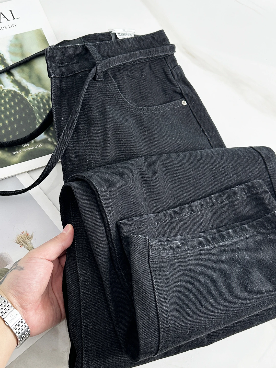 Heavyweight Black Cow Russian Single Wash Cotton Breathable Loose Fashionable Versatile Jeans Trendy High Waist Zipper Closur...