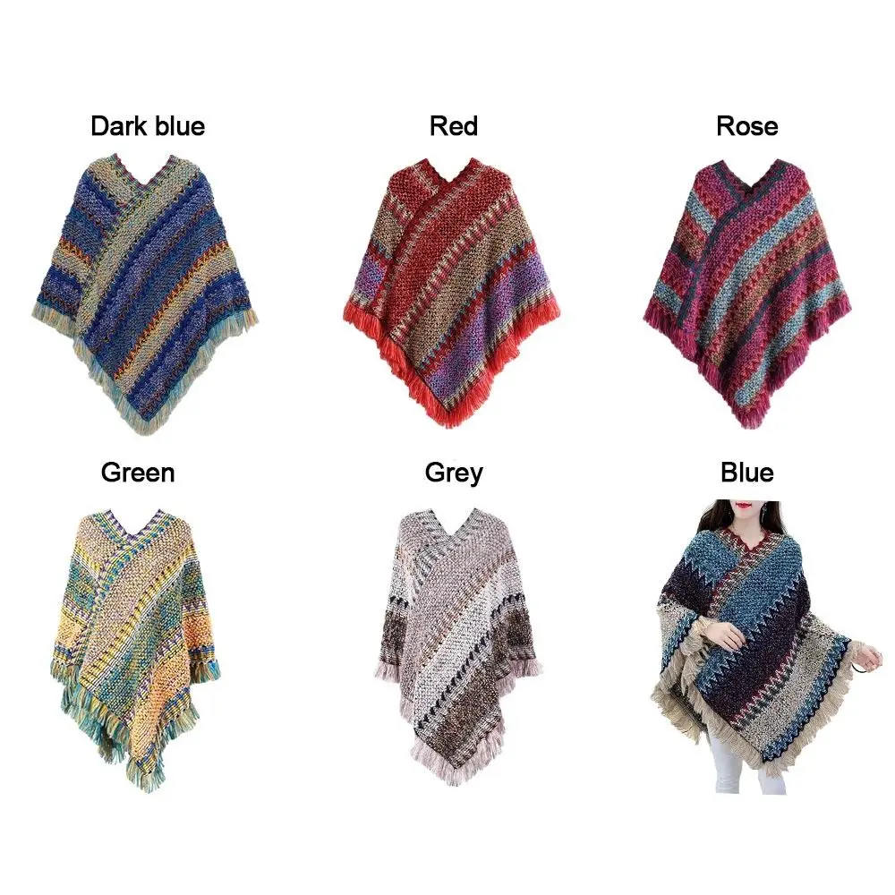 Coat Overlays Winter Warm Mongolian Poncho Ethnic Style Striped Pullover Tassel Shawl Polyester Knitted Cape Women Fashion