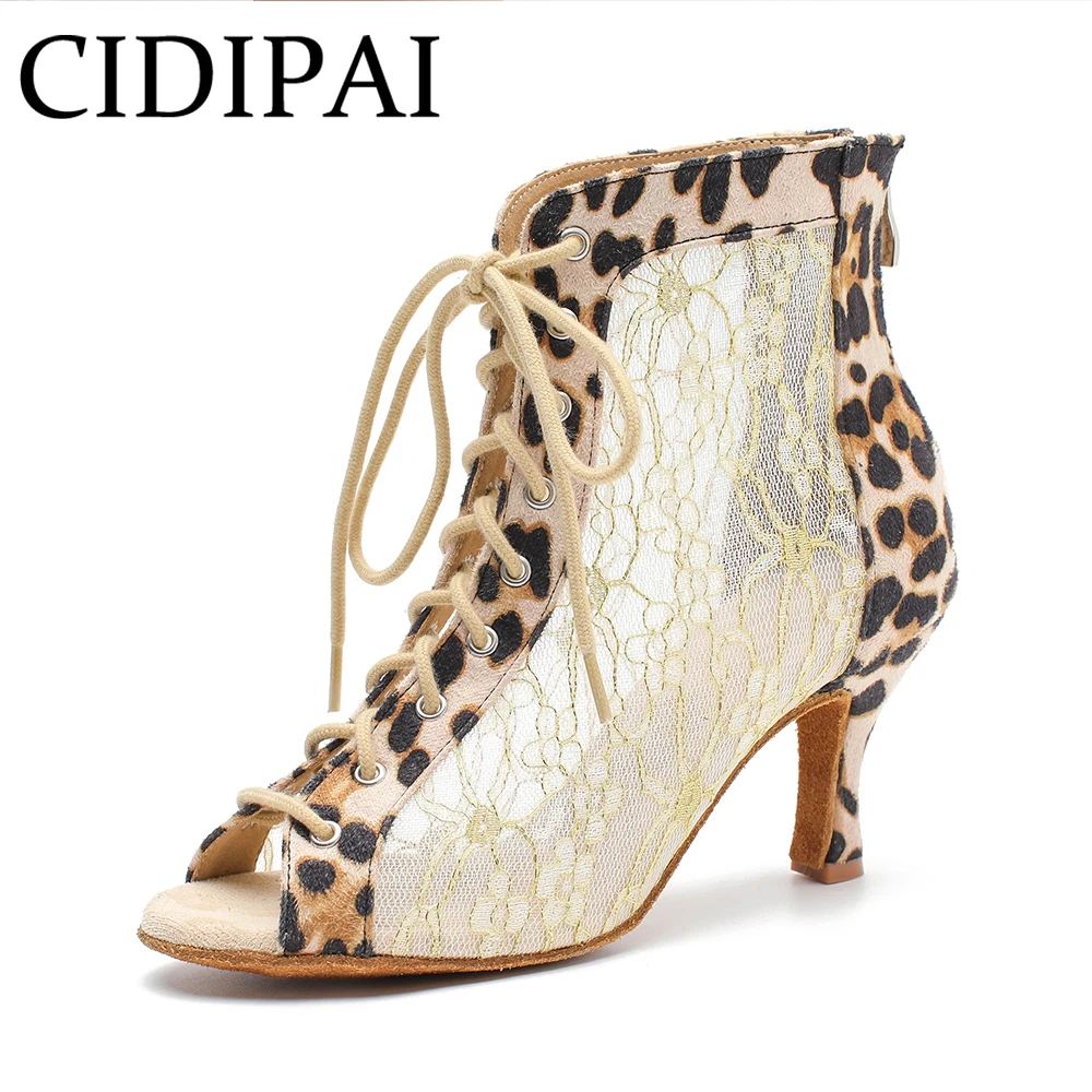 CIDIPAI Leopard print Latin Dance Shoes Soft Bottom Lace Breathable Mesh Salsa Tango Dance Shoes Women's Indoor Party Sandals