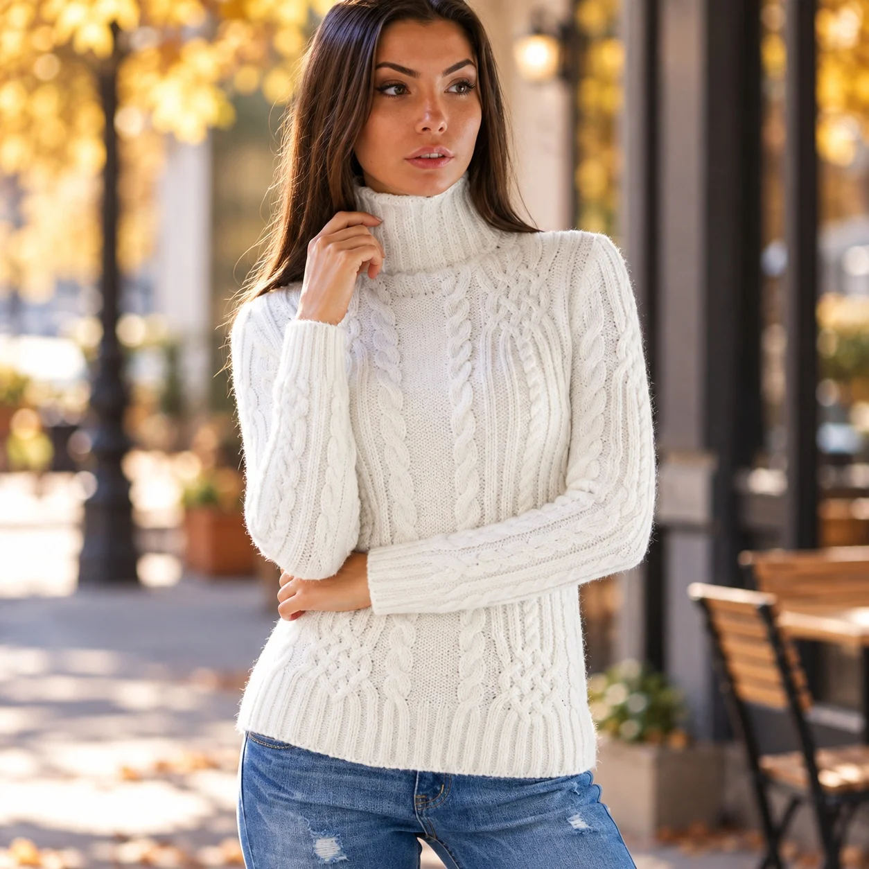 Thick Pullover Sweater Slim Fit Literary Retro with Ethnic Tribal No Button Closure Autumn Openwork Turtleneck Women Sweater