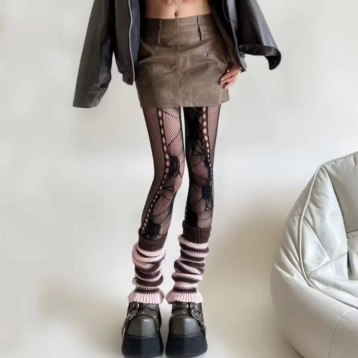 AUOCATTAIL Florale Netzstrümpfe, Netzstrumpfhose für Frauen, unregelmäßige Rosenlöcher, Lolita, Gothic, Cosplay-Strümpfe