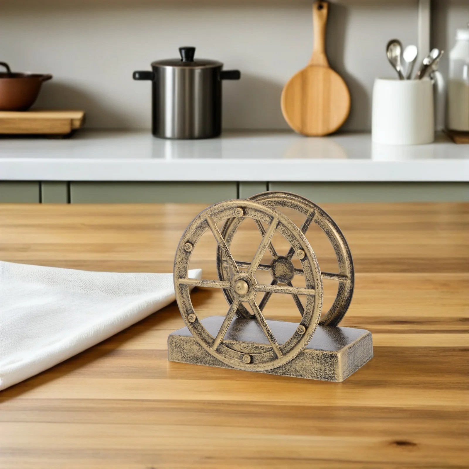 

Rustic Wheel Cast Iron Napkin Holder Golden Freestanding Farmhouse Tissue Dispenser Vintage Paper Towel Rack Kitchen Organizer
