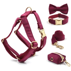 Burgundy Velvet Dog Collar Personalized Thicken Metal Buckle Pet Harness Bow Tie Collar Leash Set with Poop Bag Luxury Dog Gift