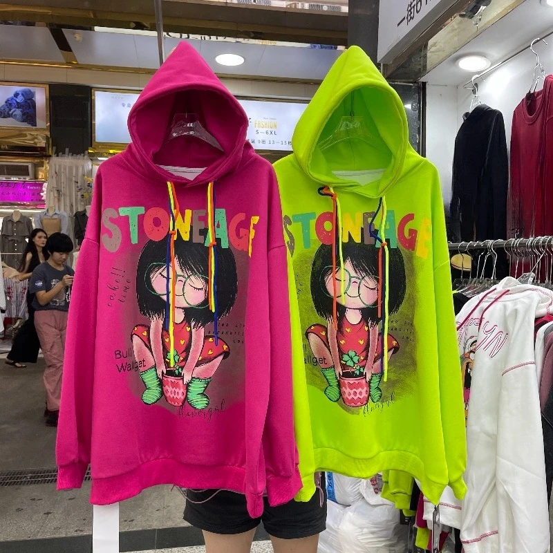 Unique Design Cartoon Print Hooded Coat Women's Fashion Streetwear Casual Versatile Loose Slimming Pullover Sweatshirt Jacket