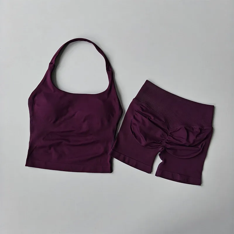 Damen-Sport-BH-Set mit Halsband, schöner Rücken, Yoga-Anzug, zweiteiliges Top, hochtailliertes, hüftformendes Fitness- und Gym-Set, Shorts-Sets – Detail 11