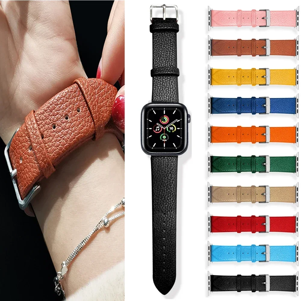 Leather loop For Apple Watch Band ultra-8-7 49mm 44mm 40mm 41mm 42mm 38mm 45mm Lychee strap bracelet iWatch Series 7 6 5 4 3 SE