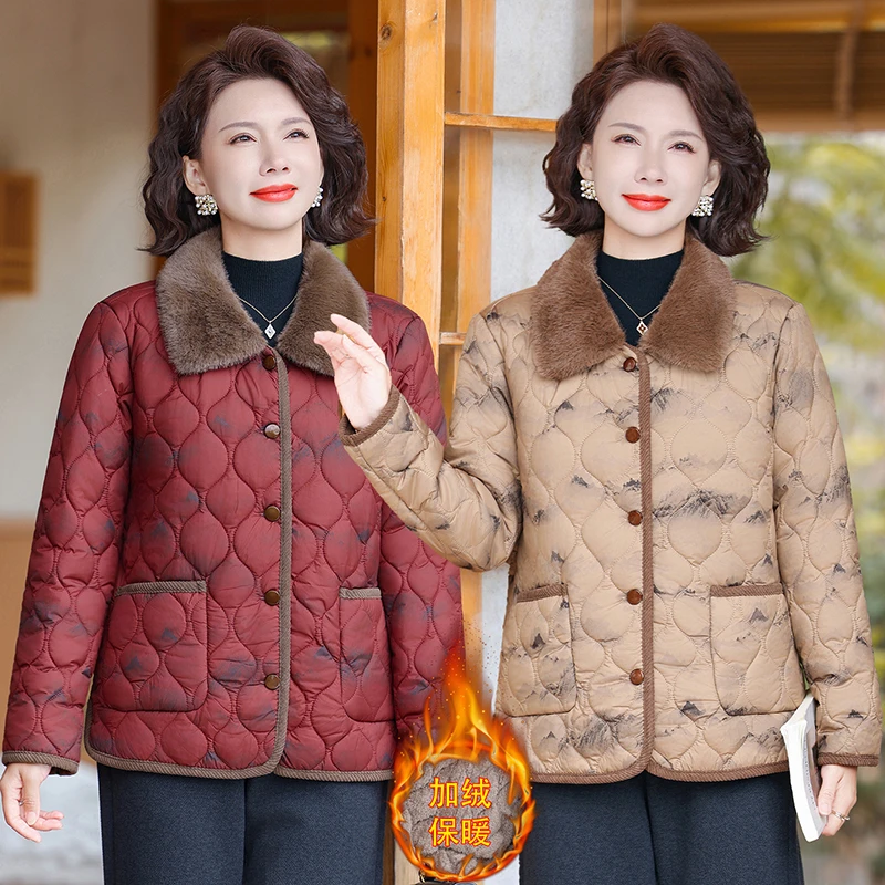 

Faionable Thiened Fluffy Cotton Jaet for Middle-Aged And ly Warm PU Coat Mom Winter printing Outerwear Loose Fit Sle