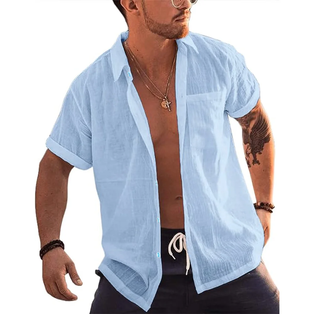 Mens Short Sleeve Button Up Shirts Linen Cotton Beach Tops Turn Down Collar Summer T Shirt with Pocket