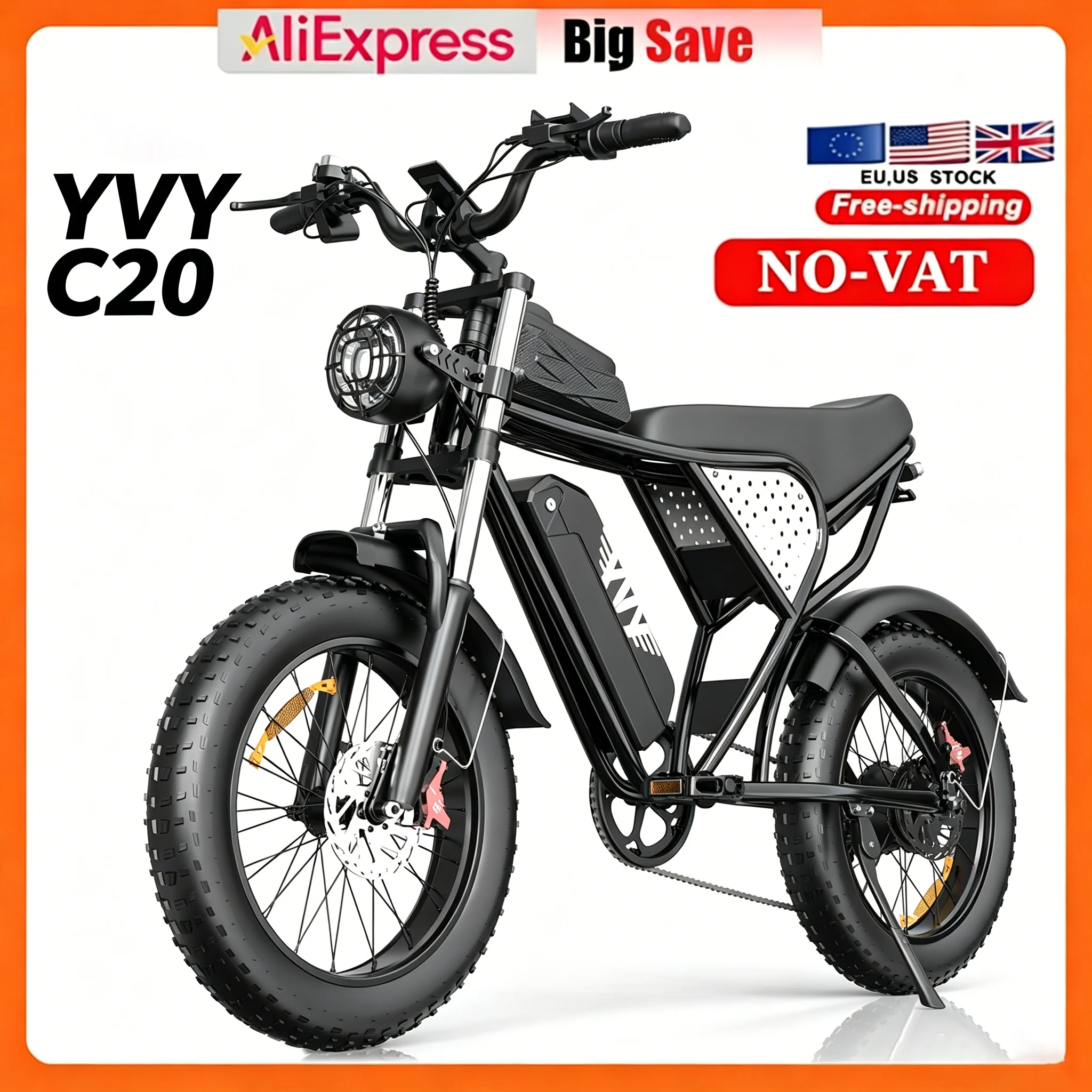 Bicicletta elettrica 2026 YVY C20/Ridstar Q20, motore da 1500W, batteria al litio 48V 20AH, bicicletta per adulti, pneumatici fat da 20*4.0 pollici, e-bike da montagna, 7 velocità, freni idraulici