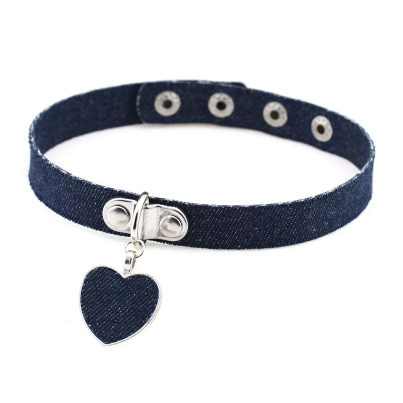 Blue Denims Choker Necklace Heart Pendant Jeans Chokers Collar Necklace Jewelry