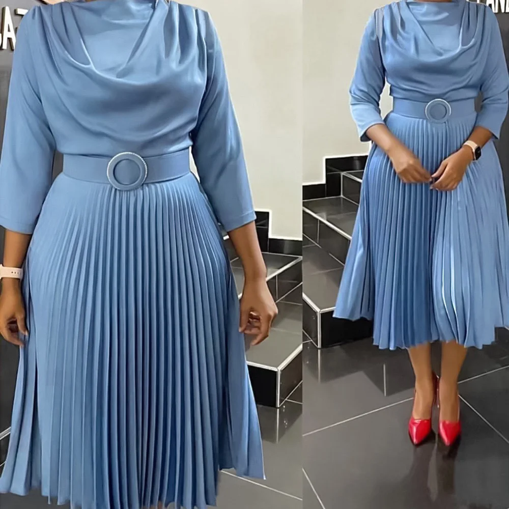 Elegant Office Dress Pleated for Women Professional Round Neck Full Sleeve Belt Waisted Mid Calf Formal Business Work Dress New