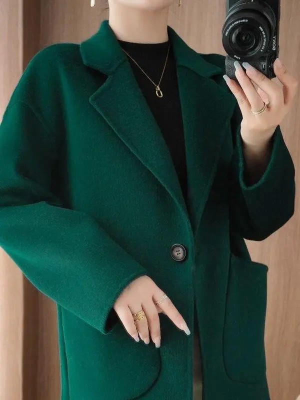 Cappotto Faionable double face da donna coreano di grandi dimensioni semplice capispalla in lana con un bottone in seta per l'autunno e l'inverno