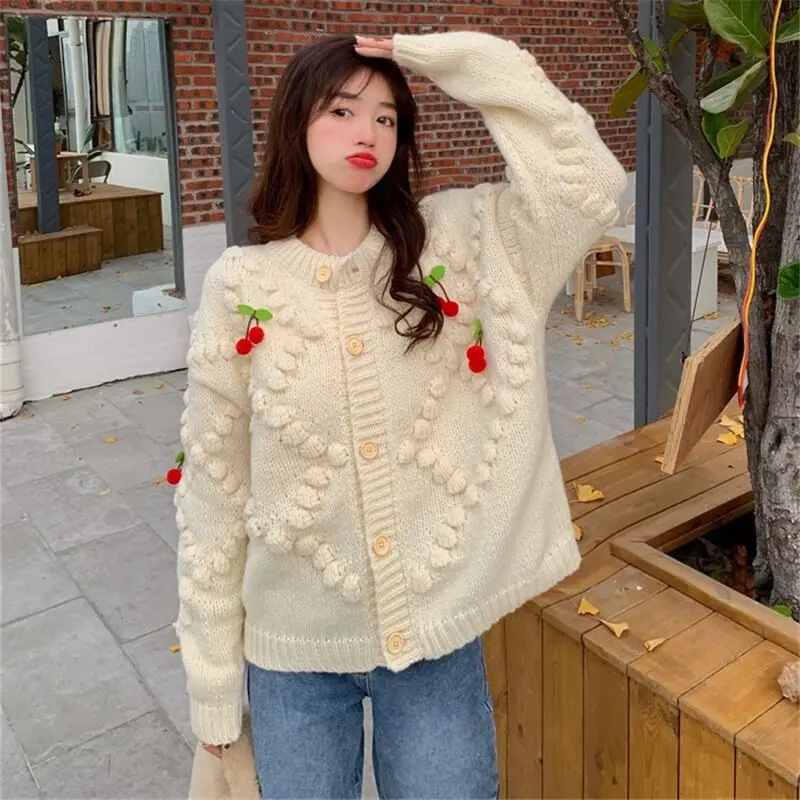 Korean Fashion Women Knitted Cardigan Vintage Warm Autumn O-Neck Long Sleeved Loose Sweet Coat Casual Women's Clothing