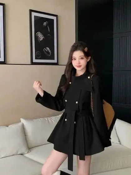 Korean Style Double Breasted Scarf Collar Waist Cinched Slim Fit mid Length Coat Jacket Women's Fashion Autumn New Arrival