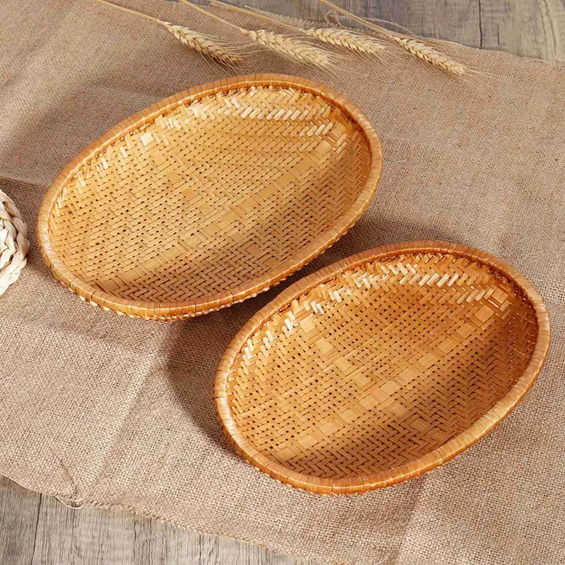 Oval Rattan Woven Storage Basket Bread Fruit Food Storage Tray Handmade Vegetable Display Rattan Basket Kitchen Storage