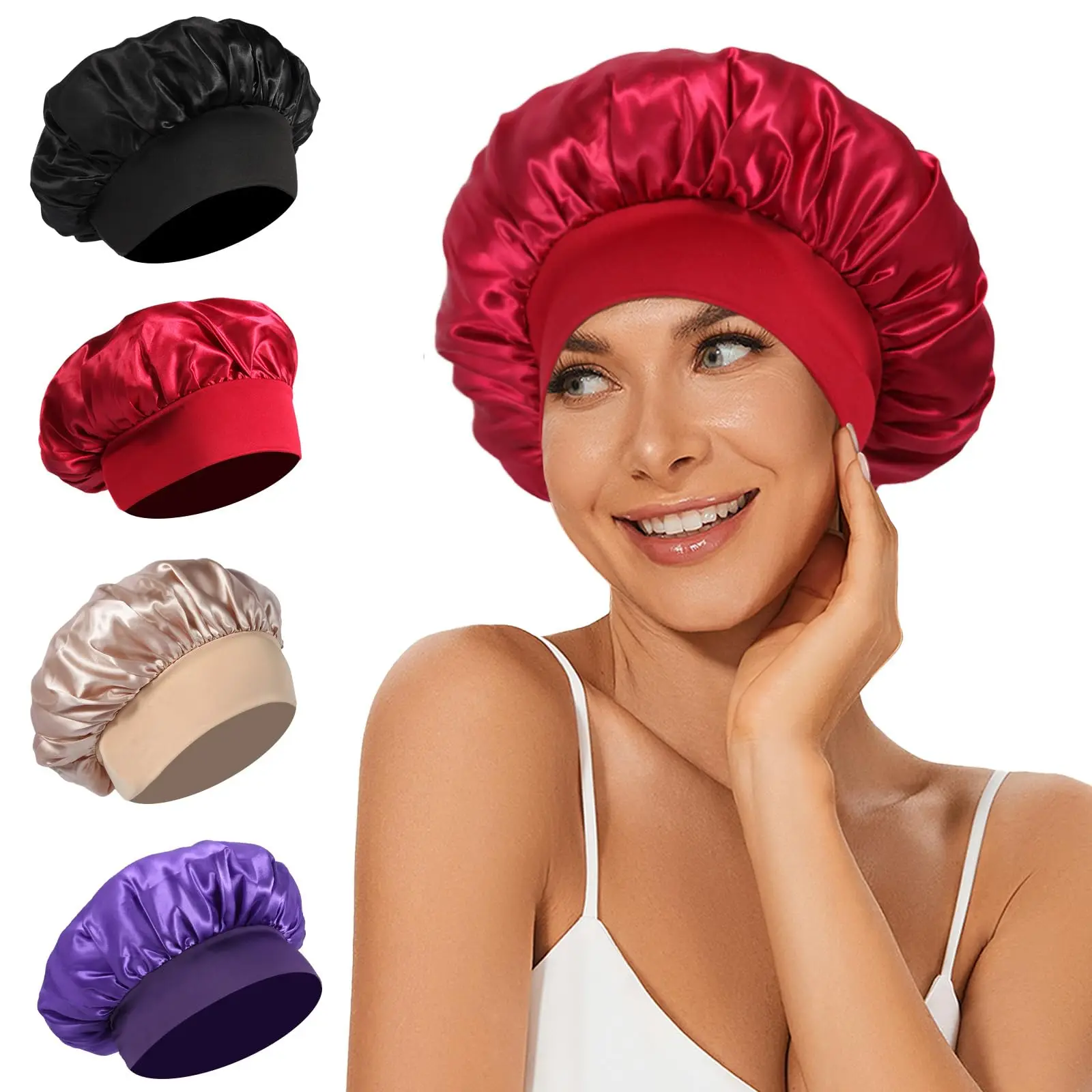 

Women's Satin Shower Cap Silk Care Sleep Cap Multi-color Optional Wide Brim Suitable for Sauna Hair Care While Sleeping