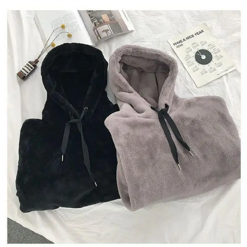 Loose Hoodies Woman Sweatshirt Casual Flannel Solid Pullover Autumn Winter Coat Y2k Fleece-lined Thicken Hooded Warm Soft Jacket