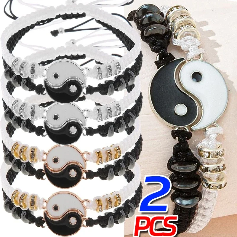 Handmade Tai Chi Yin Yang Couple Bracelets Alloy Pendant Adjustable Braid Chain Matching Lover Bracelets Necklaces Friendship