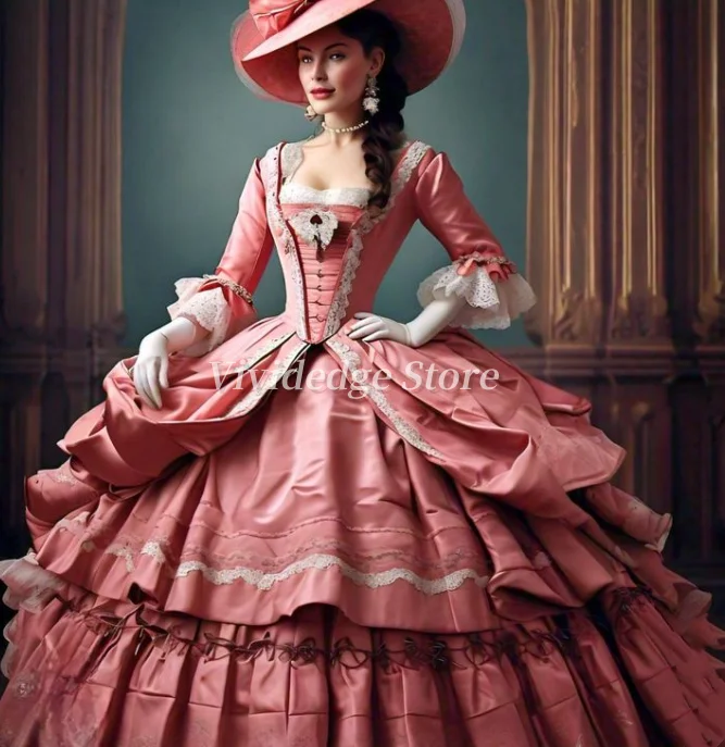 Maßgeschneiderte Vintage-Rosa-viktorianische Ballkleider mit ausgestellten Ärmeln, Korsett, Trägerrücken, A-Linien-Kleider, lange Abendparty-Kleider