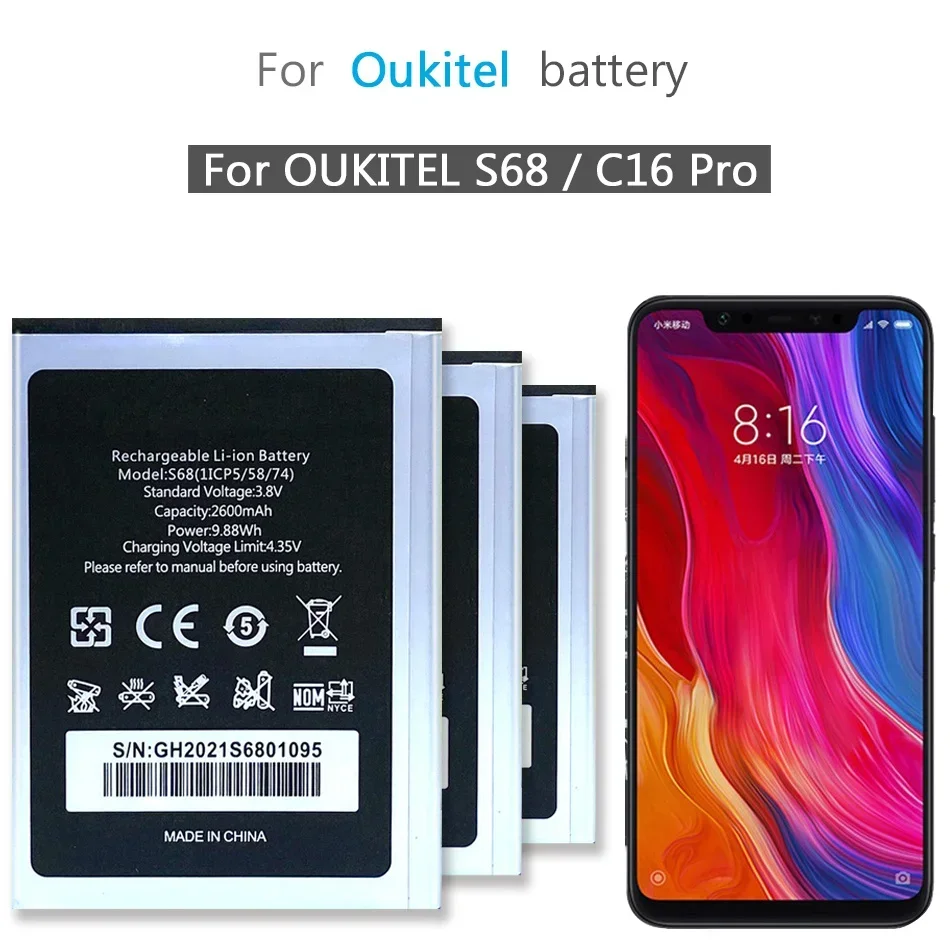 2600mAh Replacement Mobile Phone Battery For OUKITEL S68 / C16 Pro C16Pro Rechargeable High Quality Smartphon Batteries