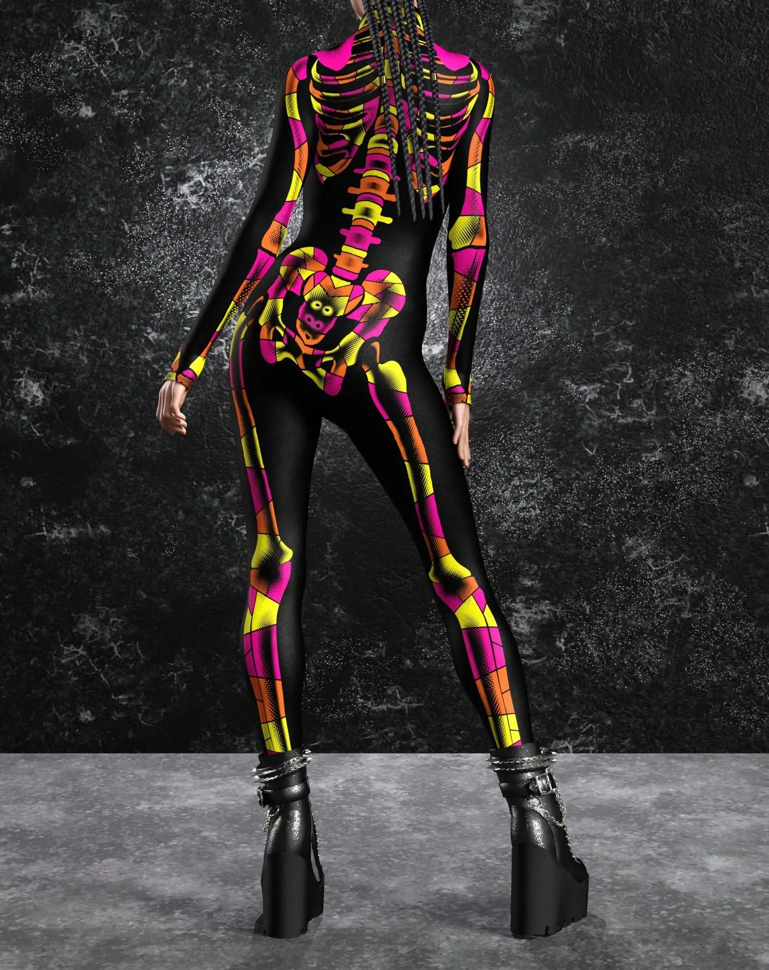 Halloween-Horror-Party Damen Sexy Mehrfarbiger Totenkopf-Print Jumpsuit Kleidung für Feiertagspartys, Maskenbälle und Bühnenauftritte – Detail 4