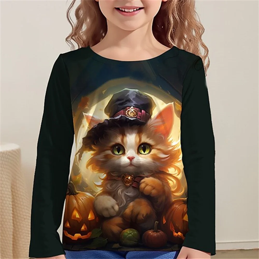 Children's Clothing Girl T-Shirt Long Sleeve Cartoon Cat Print Kids Spring Fall Clothes Festive Party Round Neck Boy Clothes Top